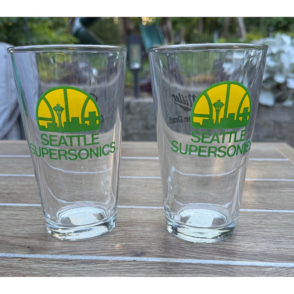 Vintage Seattle SuperSonics Miller Genuine Draft Pint Glasses Set of 2 NBA 16oz